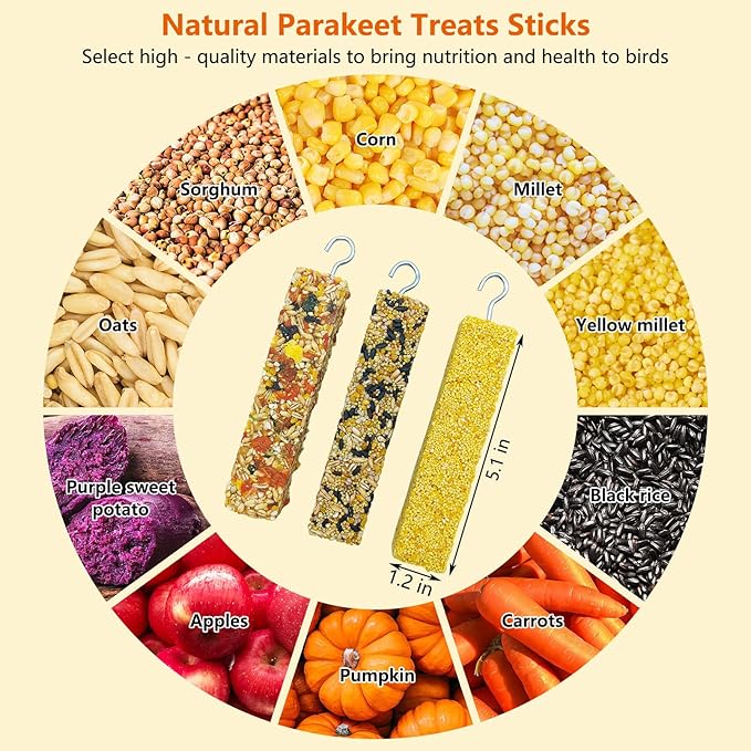 Fhiny 6 PCS Parakeet Treats Natural Cockatiel Food Grain & Vegetable & Millet Flavored Parrot Snack Sticks Bird Treats for Budgerigars Lovebirds Canaries Conurus Finches