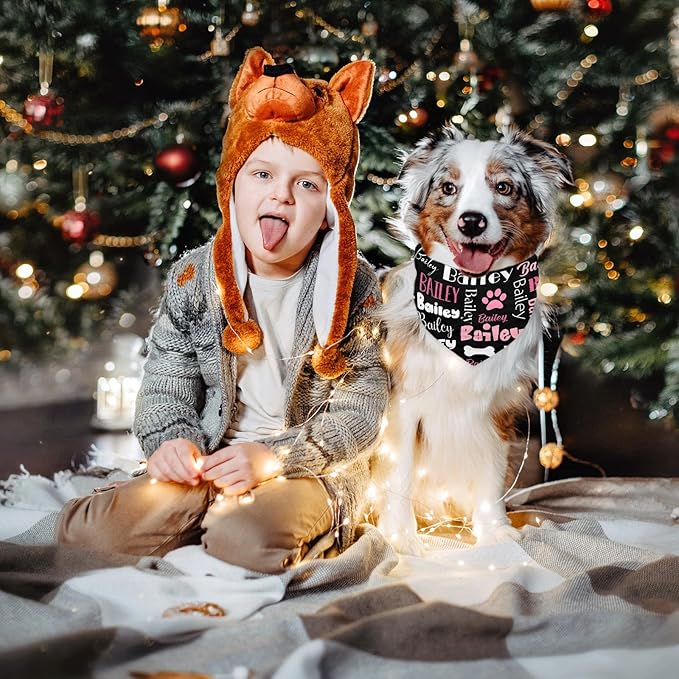 Personalized Dog Bandanas Custom Neckwear Name Button Anti-loosening Dog Scarf Triangle Bibs Kerchief Pet Costume Accessories for Small Medium Large Dogs Cats Pets Birthday-Black