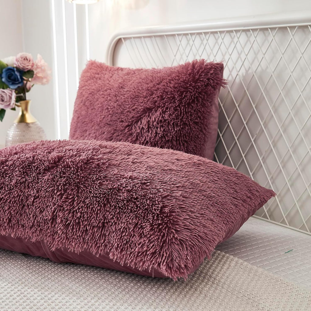 Uhamho Set of 2 Standard Pillowcases Faux Fur Throw Pillow Covers Queen Size Shams Soft Velvet Decorative Zipper Closure (Dusty Rose, 20"x26")