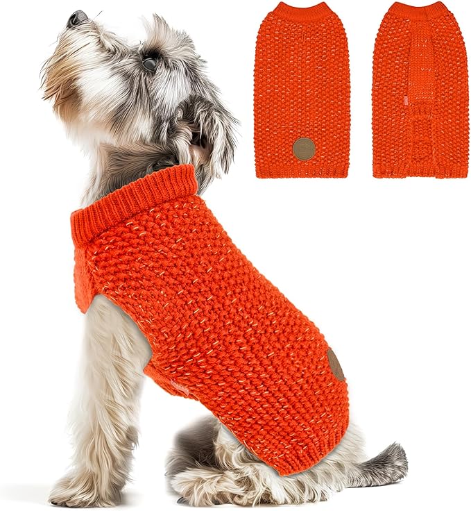 KYEESE Dog Sweater with Leash Hole for Small Dogs Male Warm Pullover with Reflective Yarn Soft Knit Pullover Boy Dog Coats Cozy Lightweight Thick Sweater Pet Indoor Outdoor Wear,Orange,Small