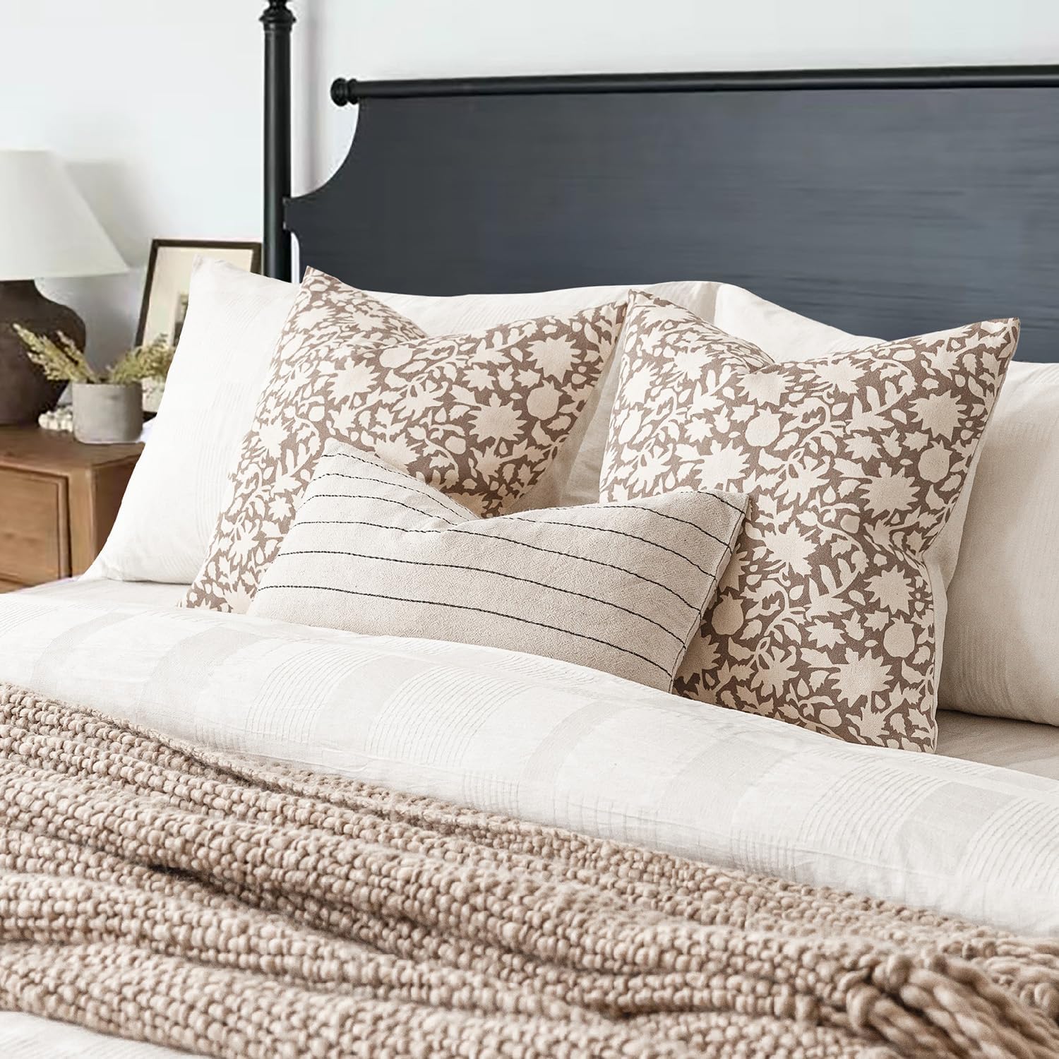 Foindtower Set of 2 Decorative Neutral Floral Throw Pillow Covers Accent Farmhouse Cushion Covers Boho Vintage Pillowcase for Couch Sofa Bedroom Living Room Home Decor,24×24 Inch,Tan