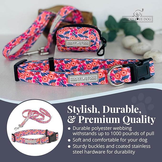 Lucky Love Dog - Easy Click Buckle Dog Collar with Leash Set Combo, Durable & Comfortable for Male & Female Dogs, Pet Collar for Small to Large Dogs, Secure Fit - Floral Rosie Combo, Large