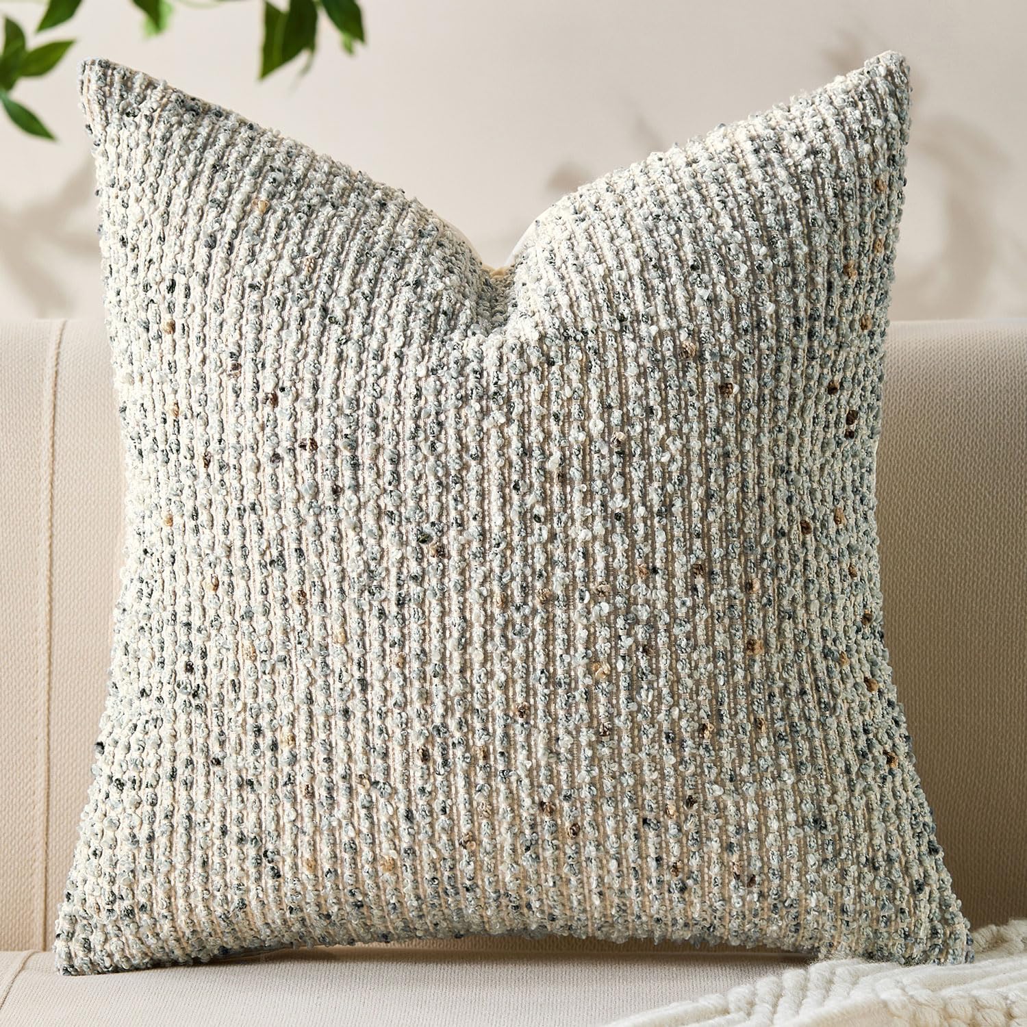 Decorative Couch Throw Pillow Covers 24x24 Cream Gray Striped Soft Wool Pillow Covers Neutral Textured Boho Cushion Covers for Modern Farmhouse Sofa Bedroom Living Room Decor SY011-B24