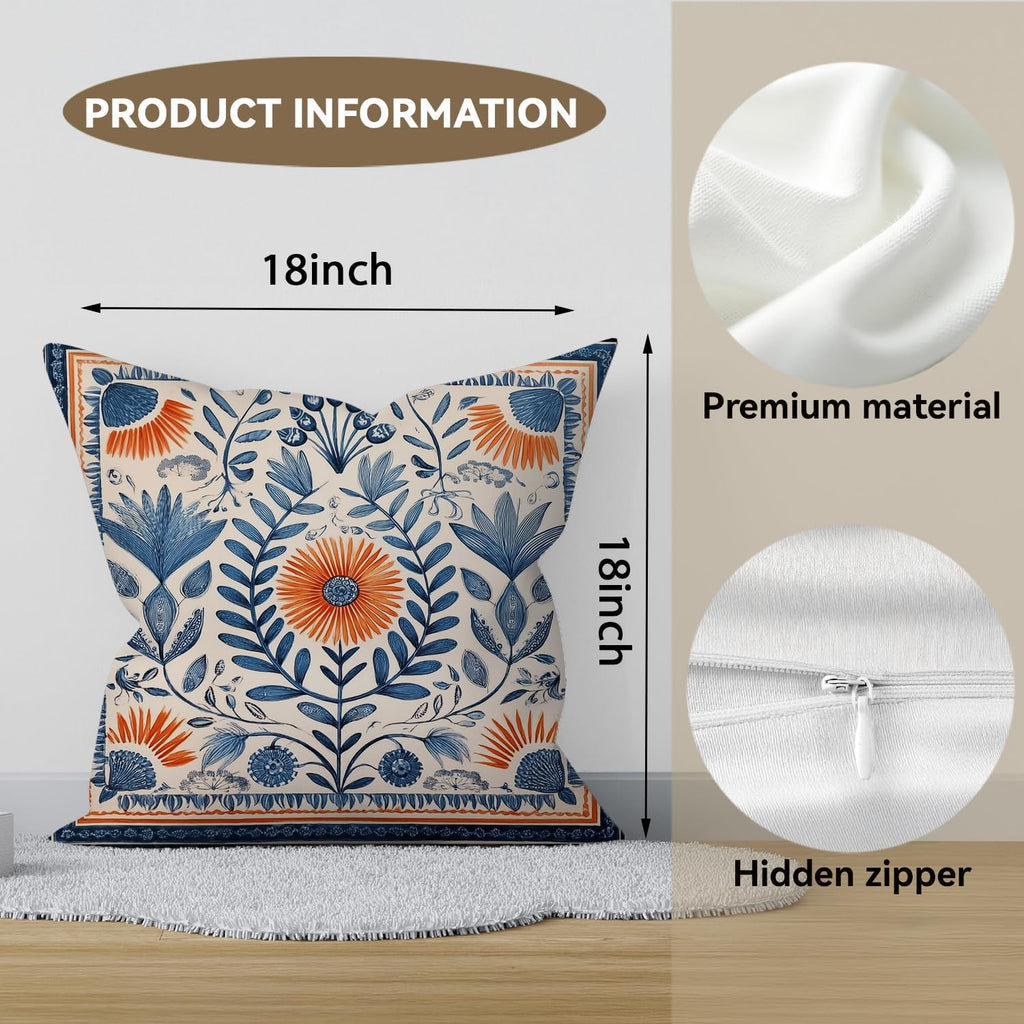 Vintage Boho Floral Print Throw Pillow Cover, Orange, Blue - Retro Rust Floral Decor Pillowcase, Indoor Outdoor Cushion Case for Sofa Couch Bed Living Room Bedroom Home (Blue&Orange, 18x18inch)