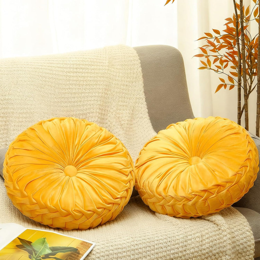 2 Pcs Round Throw Pillows 15 Inch Decorative Velvet Pleated Pumpkin Floor Boho Pillows for Living Room Couch Chair Bed Sofa (Yellow)