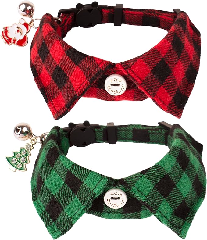 ADOGGYGO Christmas Cat Collars Breakaway with Bow Tie Bell, 2 Pack Red Green Plaid Xmas Kitten Collar with Removable Shirt Collar, Plaid Christmas Collars for Cats Kittens