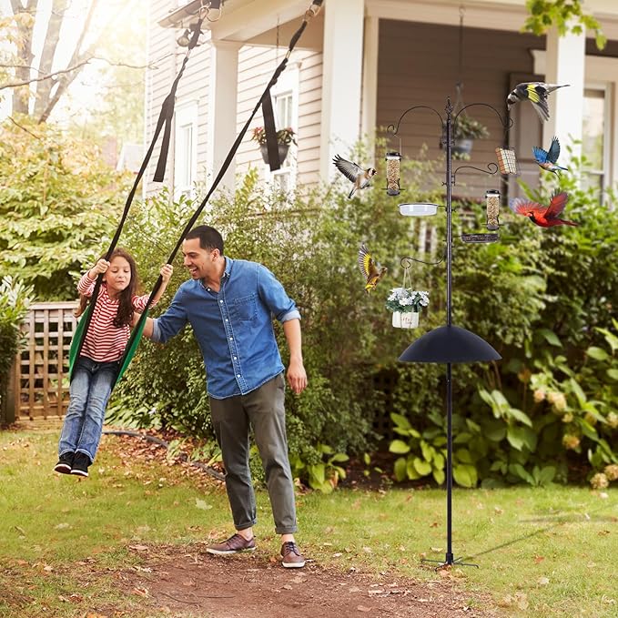Backyard Expressions Heavy Duty Bird Feeding Station Kit w/Squirrel Baffle - 90" Bird Feeder Pole with 5 Prong Base, Suet Feeder, Mesh Feeding Tray, 4 Feeder Hooks, Water Dish - Black w/Gold Fleck
