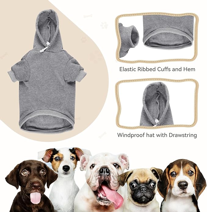 Solid Soft Brushed Fleece Dog Sweater & Hoodie with Pocket (Grey-S)