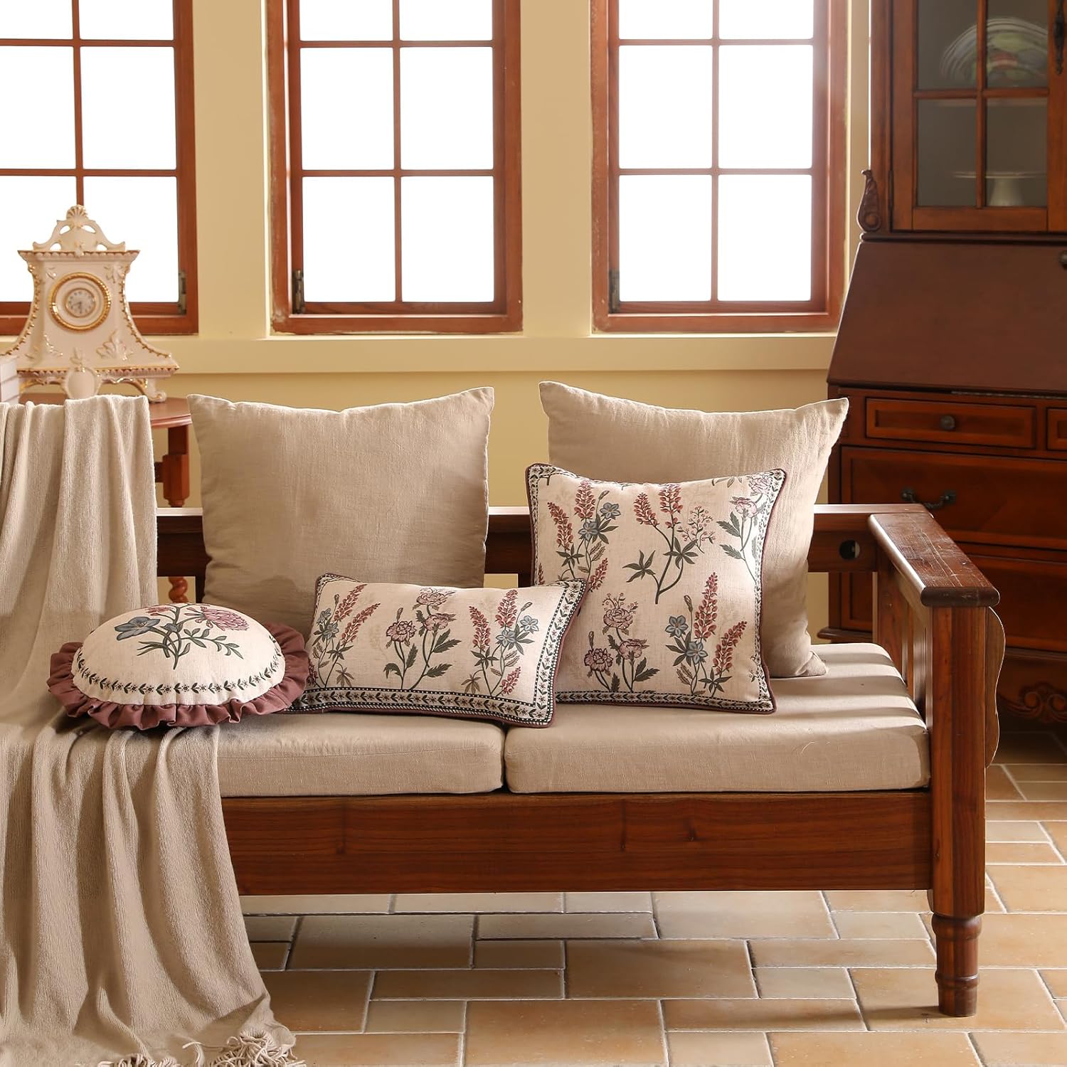 ISAENNE Design Linen Vintage Throw Pillow Covers 12"x20" Pack of 2, Rectangle Cushion Covers with Red Purple Flowers Green Leaves Pattern Decoration Pillowcases for Bed,Living Room,Outdoor,Car