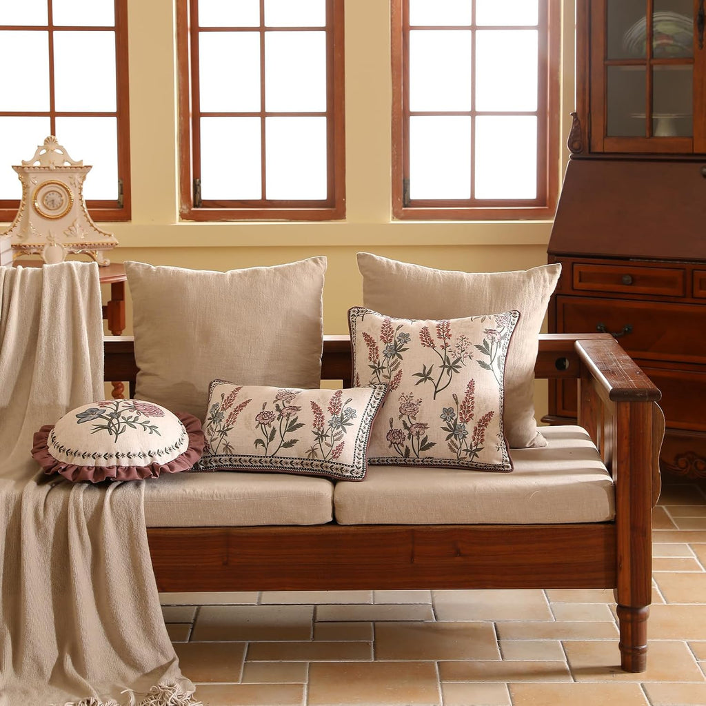 ISAENNE Design Linen Vintage Throw Pillow Covers 12"x20", Rectangle Cushion Covers with Red Purple Flowers Green Leaves Pattern Decoration Pillowcases for Bed,Living Room,Outdoor,Car