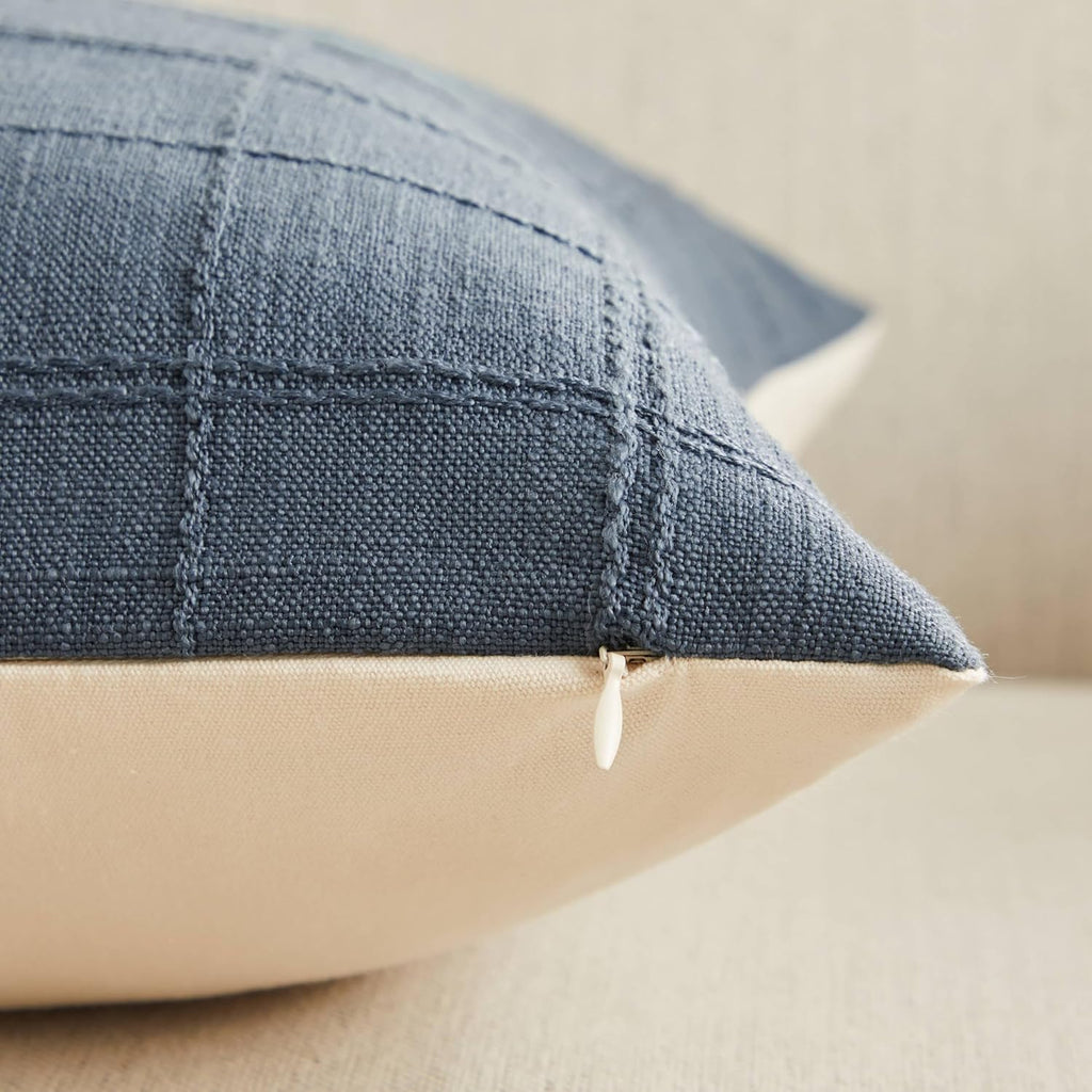 ZeeMart Linen Checked Throw Pillow Covers Set of 2, 24x24 Inch Navy/Cream, Farmhouse Decorative Single Sided Grid Embroidered Couch Pillow Cases Dark Blue Cotton Linen Cushion Covers
