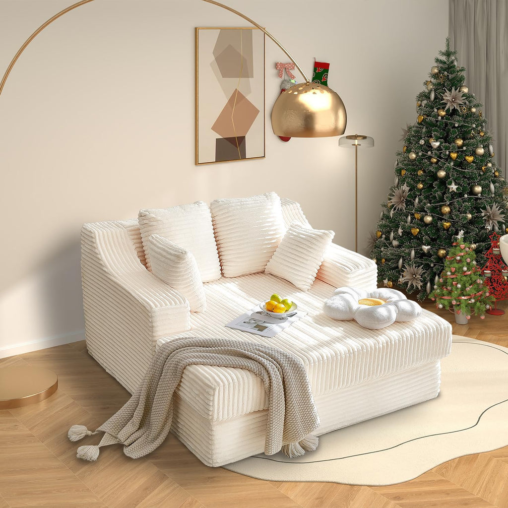 55 Inch Chaise Lounge Indoor - Oversized Chaise Lounge with 4 Throw Pillows and Armrets, Upholstered Plush Sofa Bed, Corduroy Lazy Chair Bed, Sleeper Chair for Living Room or Bedroom, Beige