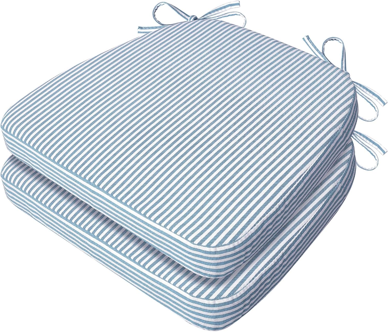 AAAAAcessories D-Shaped Chair Cushions, 2" Thick Dining Chair Pads with Ties and Removable, Machine-Washable Cover, 17" x 16", Set of 2, Pinstripe Blue
