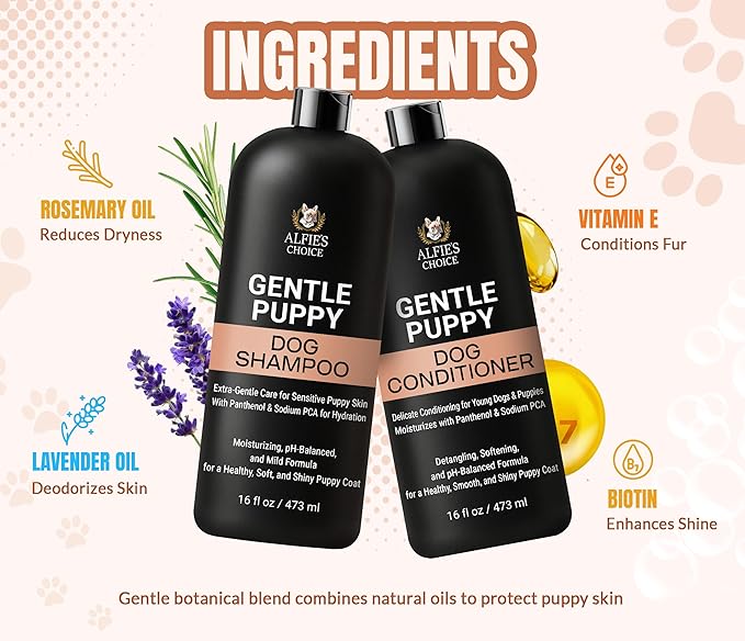 ALFIE'S CHOICE Puppy Shampoo and Conditioner Set | 16 fl oz Each | for Sensitive & Itchy Skin | Puppies, Adults & All Breeds of Dogs