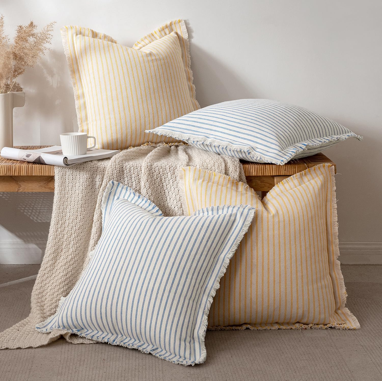 MIULEE Pack of 2 Yellow Pillow Covers 22x22 Inch Striped Farmhouse Couch Throw Pillow Covers with Fringe Chic Cotton Decorative Cushion Covers for Summer Sofa Living Room Bed Outdoor Home Decor