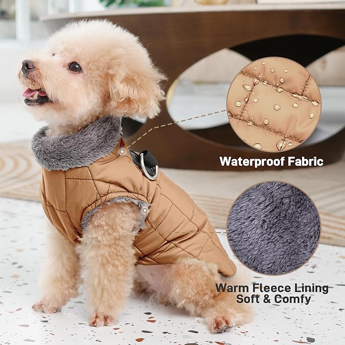 Warm Fleece Dog Coats with Durable Harness Buitl in D-Ring,Waterproof Doggie Jacket for Medium Dogs,Dog Vest for Cold Winter,Burnished Khaki XL