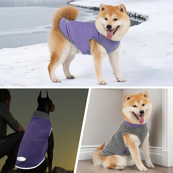 cyeollo 2 Pack Fleece Dog Sweater Pullover Sweatshirt Reflective Lightweight Dog Clothes for Small Dogs Girl Pet Apparel Purple, Grey, L