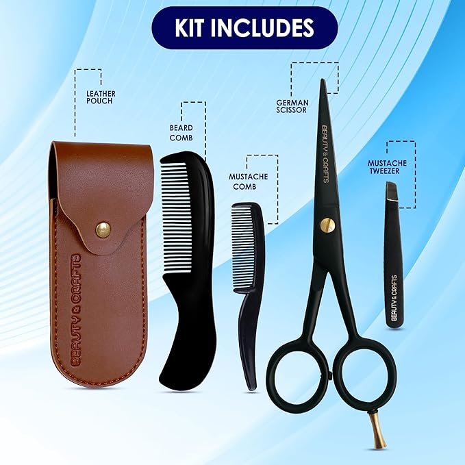 5'' Professional German Beard Scissors for Men- 2 Mustache Combs for Facial Hair with Beautiful Pouch & Tweezer - Mustache Scissors for Men Grooming, Cutting, Styling-Mustache Trimmer