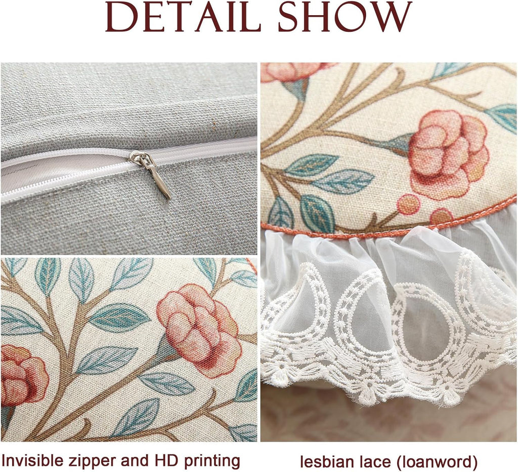 Floral Throw Pillow Covers,Cottage Rustic with Blooming Flower Pattern Linen Pillowcases,Decorative Round Pillows Cushion Covers for Couch Sofa Bed Chair Car,Diameter 16"