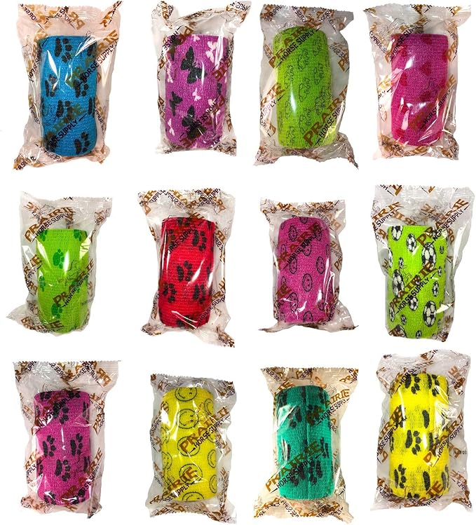 4 Inch Vet Wrap Tape Bulk (Black Paw Prints on Yellow, Red, Teal, Blue, Neon Green, and Neon Pink) (Pack of 24) Self Adhesive Adherent Adhering Flex Bandage Grip Roll for Dog Cat Pet