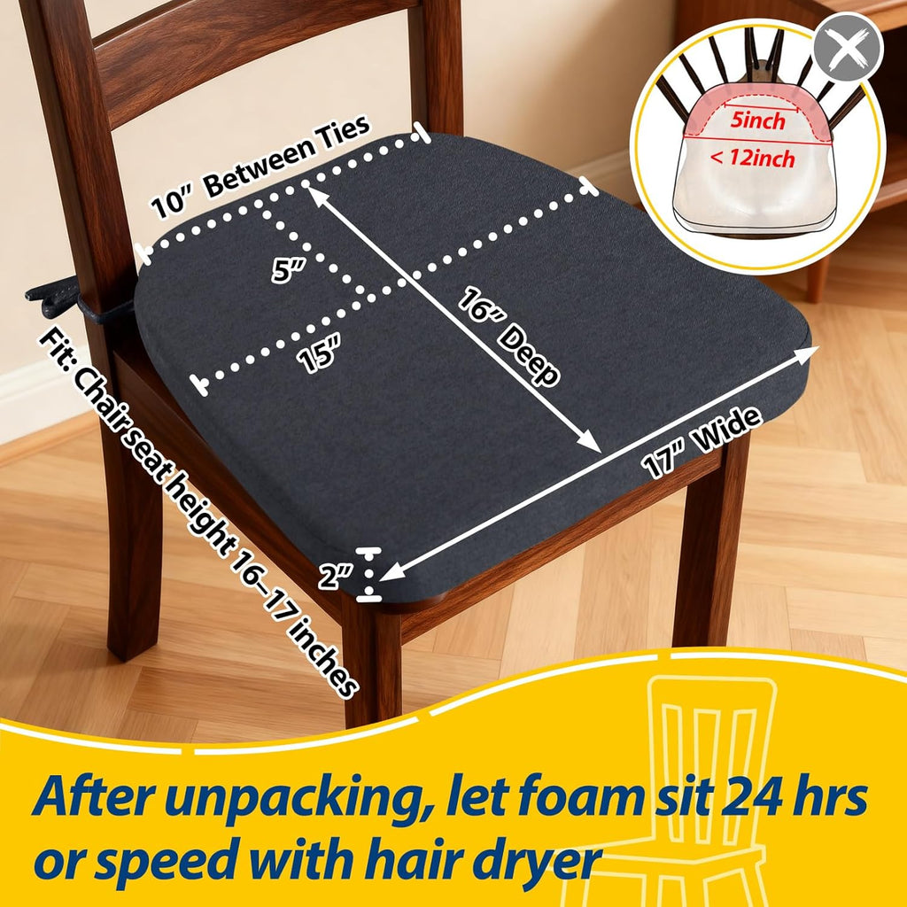 AAAAAcessories D-Shaped Chair Cushions, 2" Thick Dining Chair Pads with Ties and Removable, Machine-Washable Cover, 17" x 16", Set of 2, Charcoal Gray