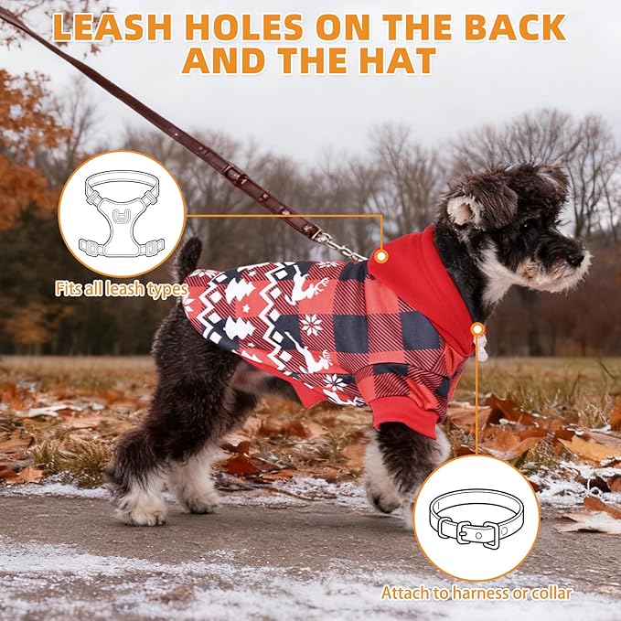 KOOLTAIL Christmas Dog Hoodie, Red Plaid Pet Sweater, Hat Hooded Sweatshirt Dog Clothes for Small Medium Large Dogs, Soft Warm Winter Cold Weather Coat with Leash Hole&Pocket, Reindeer Snowflake, XL