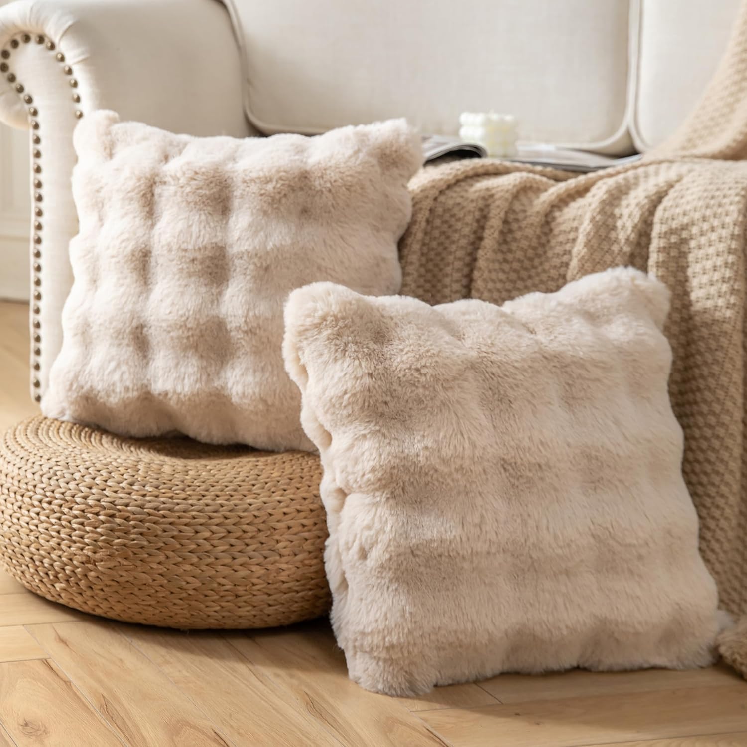 Pack of 2 Thick Plush Throw Pillow Covers Fluffy Wave Faux Fur Decorative Cushion Covers Soft Wool Pillowcase for Sofa Couch Livingroom 16x16 Inch Beige