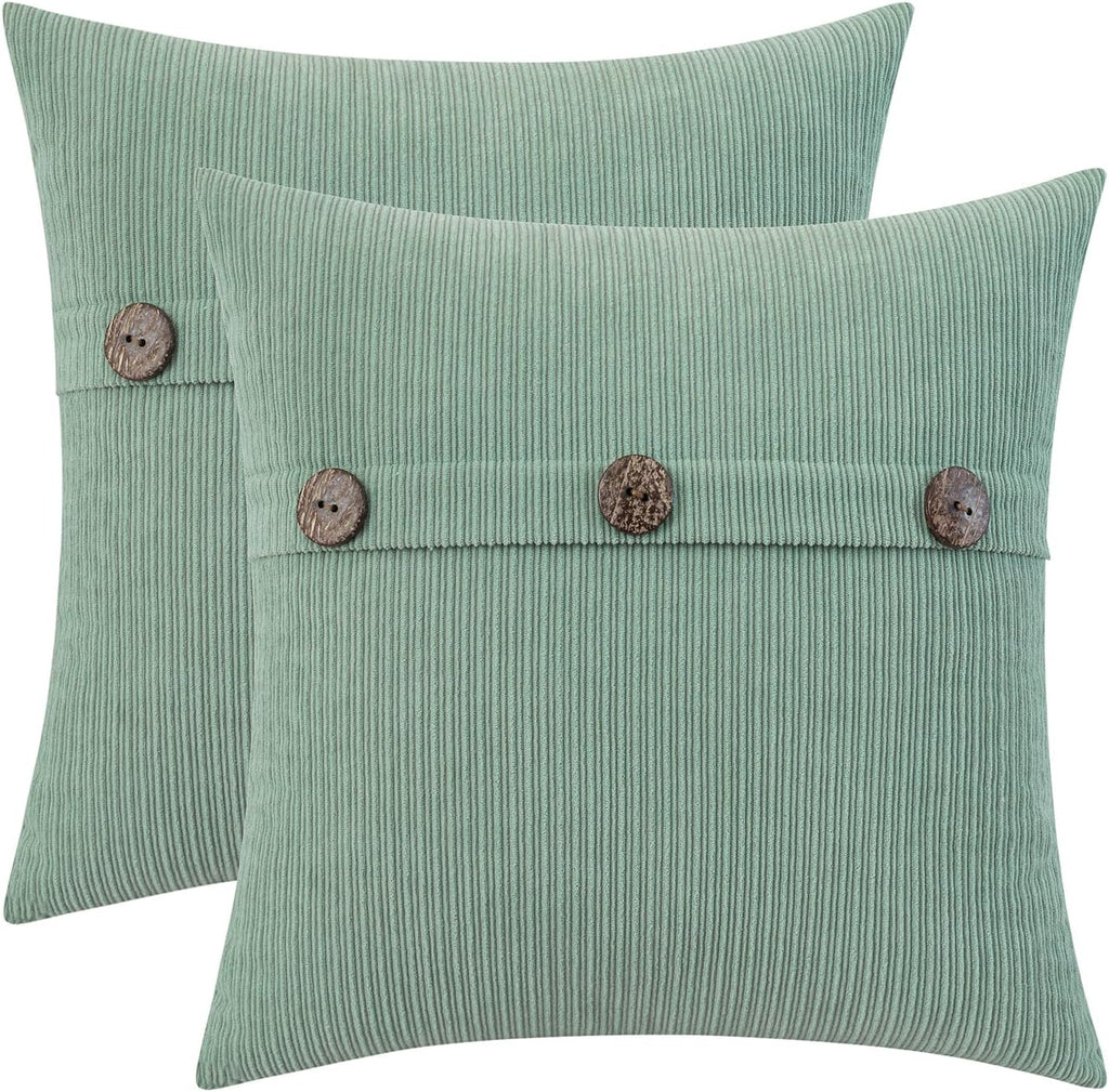 HWY 50 Sage Green Chenille Throw Pillow Covers 16x16 Inch with Triple Buttons, Soft Spring Farmhouse Accent Decorative Cushion Cases for Couch Sofa Bed Bedroom Pack of 2