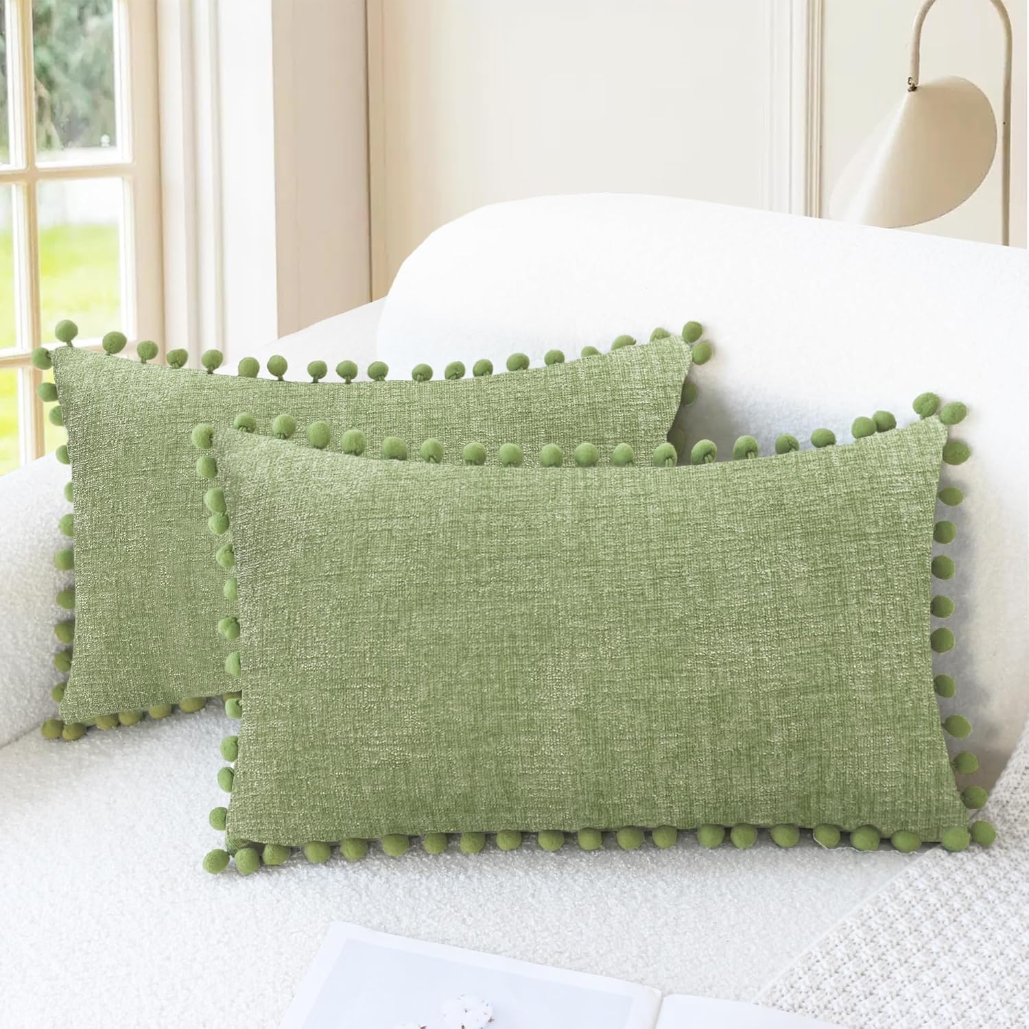 CaliTime Throw Pillow Covers Decorative 20 X 12 Inches Pack of 2 Cozy Solid Dyed Soft Chenille Cushion Cases with Pom Poms for Couch Sofa Bed Living Room Home Sage