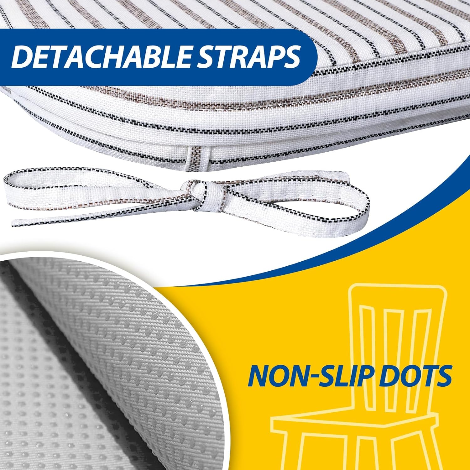 AAAAAcessories D-Shaped Chair Cushions, 2" Thick Dining Chair Pads with Ties and Removable, Machine-Washable Cover, 17" x 16", Set of 2, Pinstripe Brown