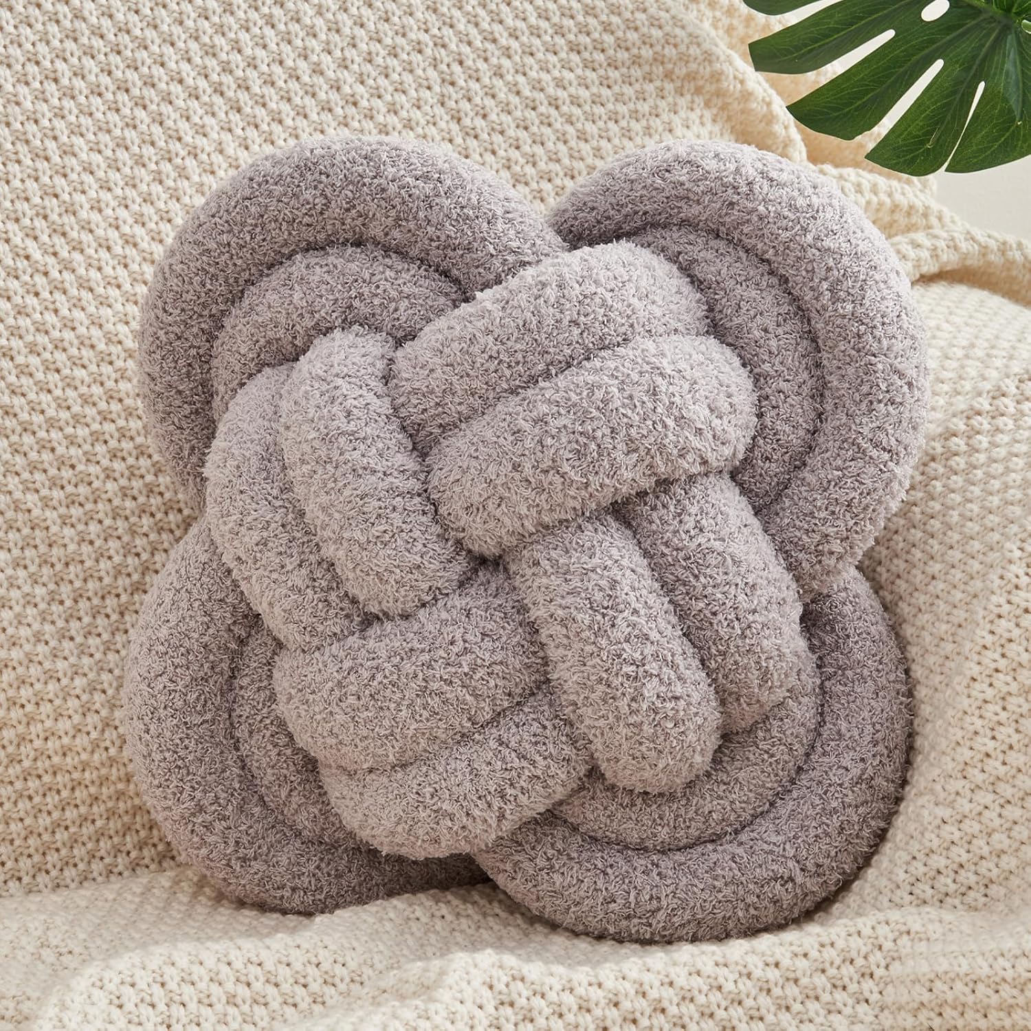 Xiashrk Knot Pillow Ball, 12" Soft Decorative Throw Pillows for Couch Bed, Grey Knotted Plush Throw Pillow Handmade Square Cushion Home Couch Decor Pillows for Living Room