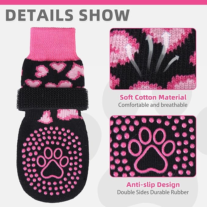 KOOLTAIL Anti Slip Dog Socks for Hot/Cold Pavement to Prevent Licking Paws, Dog Boots&Paw Protector with Grippers for Hardwood Floors,Pink Heart Valentine's Socks Booties for Small Medium Large Dogs M