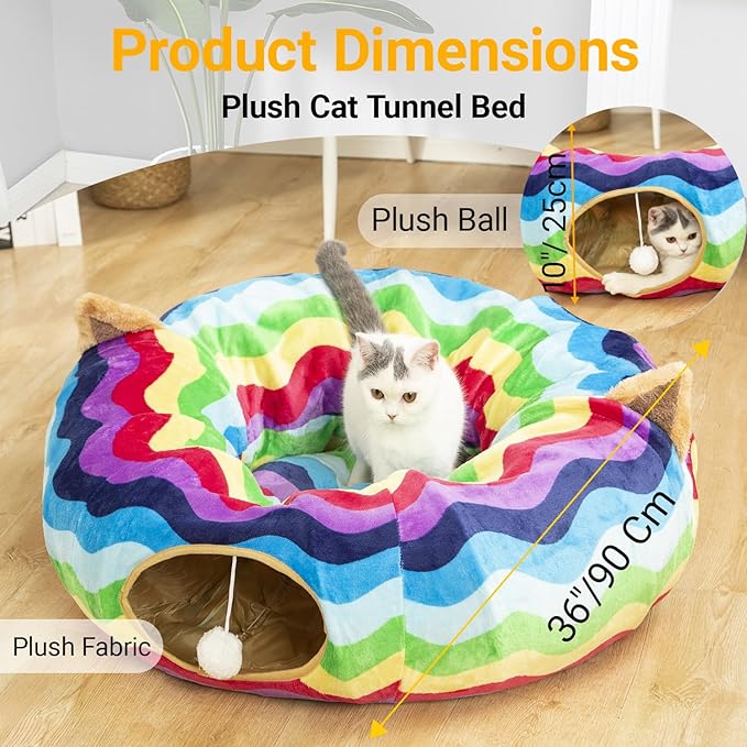 LUCKITTY Large Cat Tunnel Bed Under Christmas Tree with Fluffy Toy Balls, Small Cushion and Flexible Design- 10 inch Diameter, 3 ft Length- Great for Cats, and Small Dogs, Rainbow Wave Color