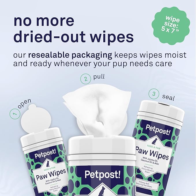 Petpost Large Paw Wipes for Dogs | 70 Count Dog Paw Cleaner Wipes with Coconut Oil, Jojoba Oil & Aloe | Gentle Pet Wipes for Paws | Ultra Soft Cotton Pads, Cherry Blossom Scent