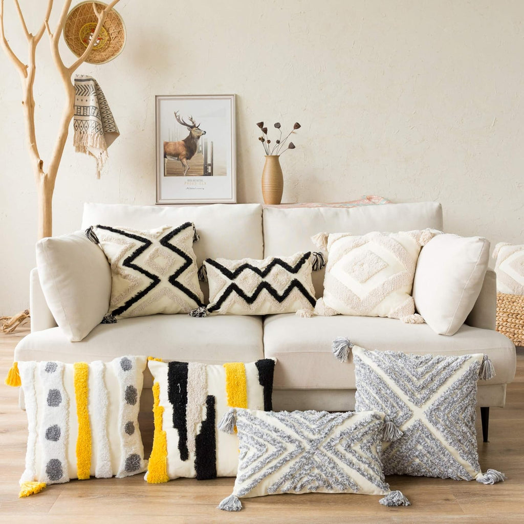 Woven Tufted Farmhouse Boho Throw Pillow Cover, Modern Decorative Multi Color Geometric Stripes Pillowcase with Tassels for Couch Sofa Bedroom Living Room, 18 x 18 Inches, Ivory, White, Yellow, Grey