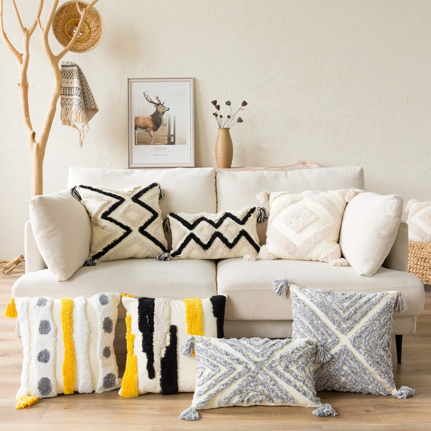 Woven Tufted Farmhouse Boho Throw Pillow Cover, Modern Decorative Multi Color Geometric Stripes Pillowcase with Tassels for Couch Sofa Bedroom Living Room, 18 x 18 Inches, Ivory, White, Yellow, Grey