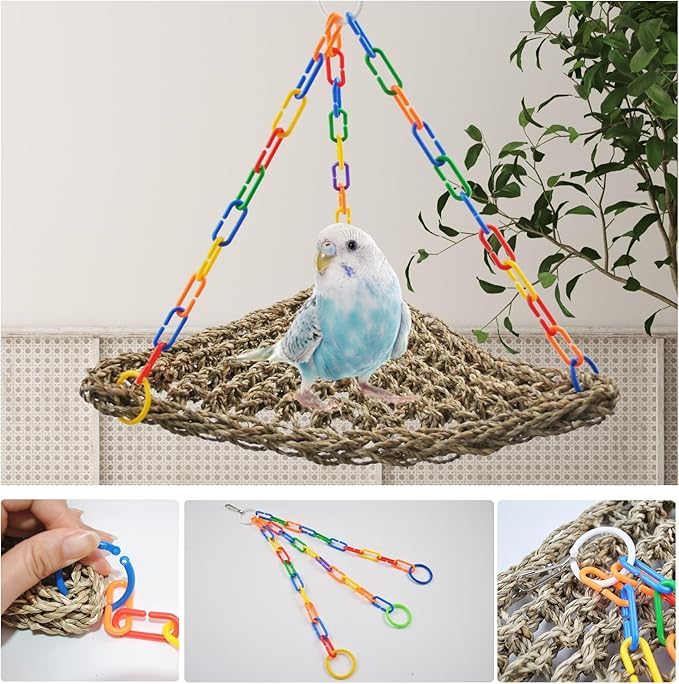 Bird Swing Toys,Bird Seagrass Mat Edible Hammock Parrot Lounger with Toys Handmade Woven Hanging Hammock for Lovebird Cockatiel Canary Parakeets Finch Budgie(2 Pcs)
