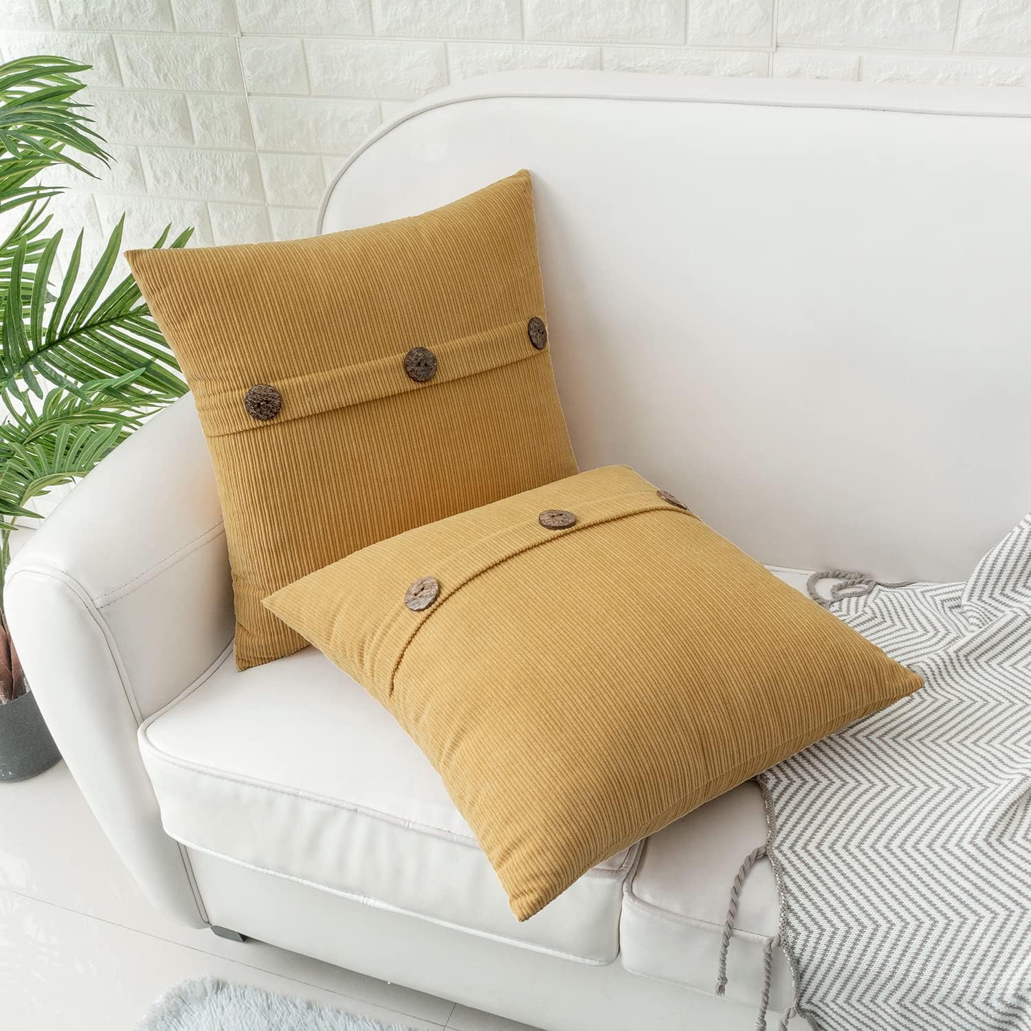 HWY 50 Mustard Yellow Chenille Throw Pillow Covers 20x20 Inch with Triple Buttons, Soft Farmhouse Accent Decorative Cushion Cases for Couch Sofa Bed Living Room Pack of 2