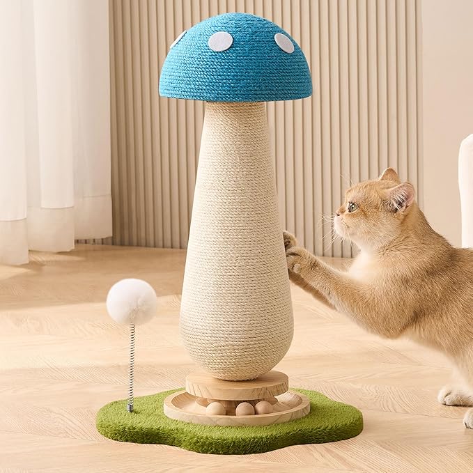 21.5‘’ H Cat Scratching Post with Catnip,Cute Mushroom Cat Scratcher Post with Durable Natural Solid Wood Turntable Toy, Sky Blue Mushroom Shape Design Cat Toy Cat Sisal Scratcher for Indoor Cats