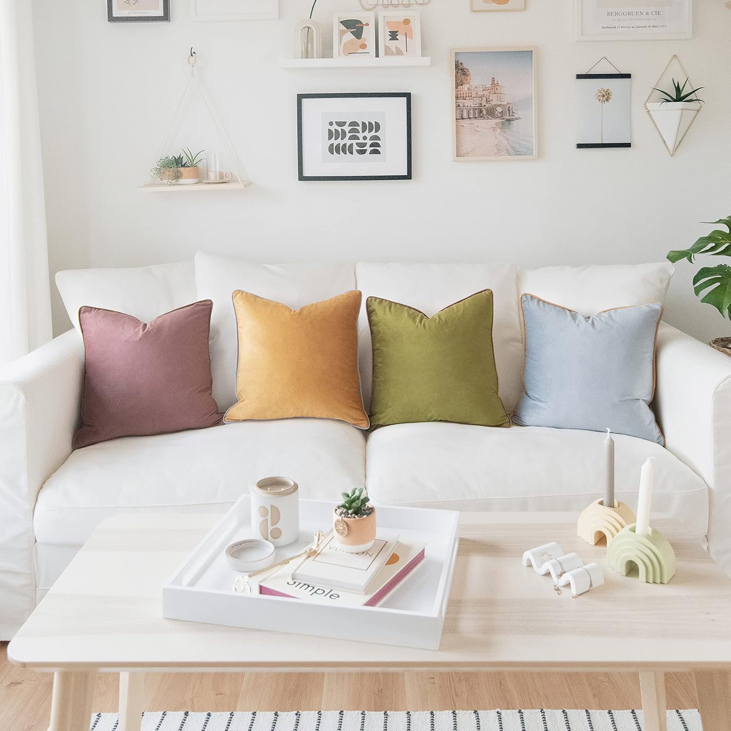 MONDAY MOOSE Decorative Throw Pillow Covers Cushion Cases, Set of 4 Soft Velvet Modern Double-Sided Designs, Mix and Match for Home Decor, Pillow Inserts Not Included (18x18 inch, Purple/Green)