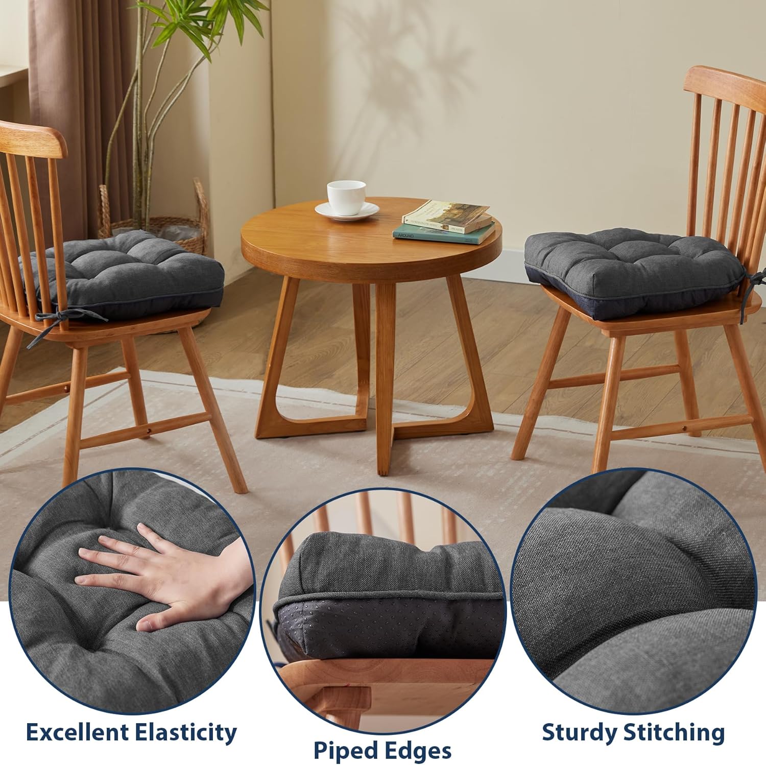 Chair Cushions for Dining Chairs, Seat Cushions for Kitchen Chairs, Indoor Seat Cushions with Ties, Tufted Foam Chair Pads, Non Slip Chair Cushions Set of 4, 15.5" x 15.5" x 4", Dark Grey
