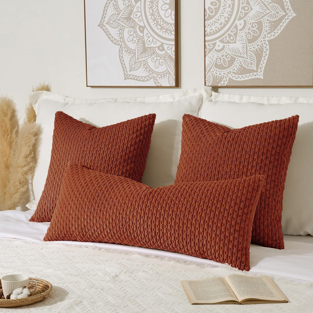 Kevin Textile Fall 14x36 Inch Long Lumbar 1 Pack Fall Boho Decorative Throw Pillow Cover Soft Striped Corduroy Rectangle Cushion Case Farmhouse Solid Color Accent for Living Room Couch Sofa Bed, Rust