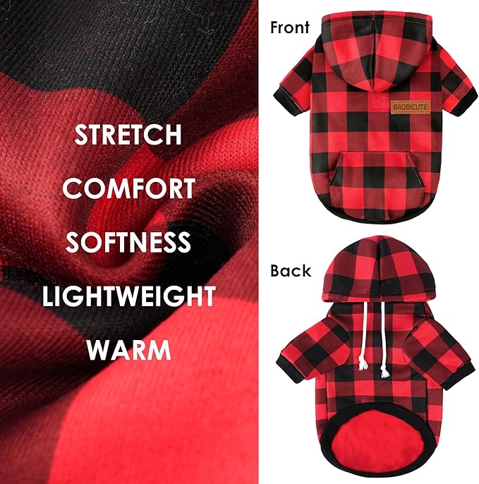 Dog Basic Hoodie Ultra-Soft Plaid Dog Clothes Cold Weather Sweaters for Medium Large Dogs Breathable Cozy Fabric Pet Coat Warm Stylish Sweatshirt with Leash Hole Pocket Dogs Jacket for Cats Boys Girls
