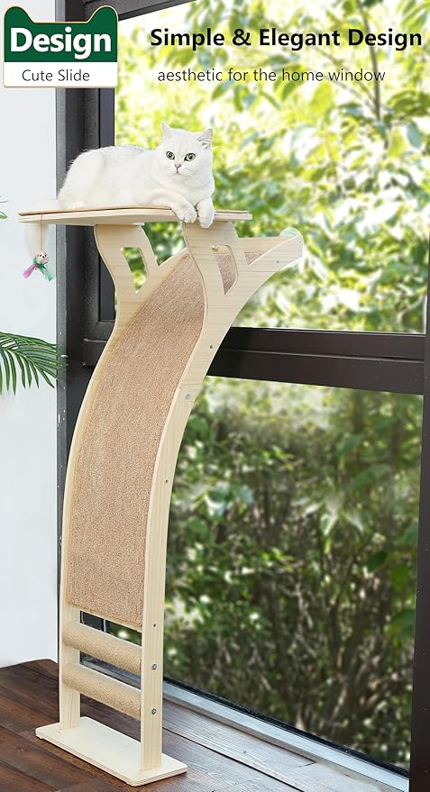 Cat Window Perch with Scratcher Ramp, 48" Climbing Tree Suctions Cups to Window Maximum Hold Up to 45lb, Wood Kitty Bed for Small Window (Drilling-Free)