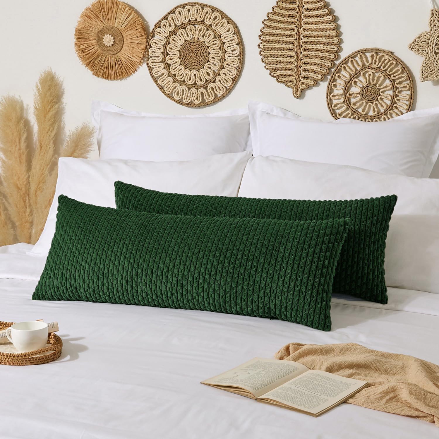 Kevin Textile 14x36 Inch Long Lumbar 1 Pack Boho Christmas Decorative Throw Pillow Cover Soft Striped Corduroy Rectangle Cushion Case Farmhouse Color Accent for Living Room Couch Sofa Bed, Dark Green