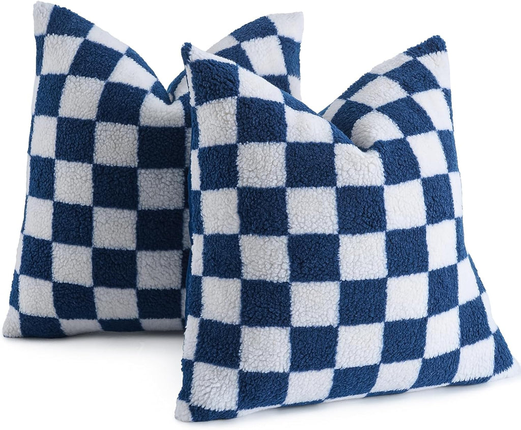 AmHoo Pack of 2 Decorative Throw Pillow Covers Checkerboard Luxury Super Soft Faux Fur Wool Set Case Cushion for Couch Sofa Bedroom 16 x 16-Inch Navy Blue