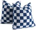 AmHoo Pack of 2 Decorative Throw Pillow Covers Checkerboard Luxury Super Soft Faux Fur Wool Set Case Cushion for Couch Sofa Bedroom 16 x 16-Inch Navy Blue