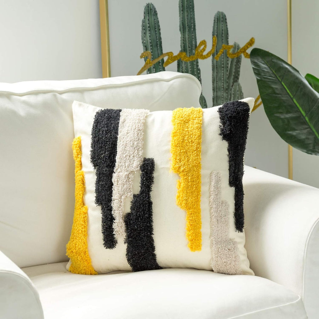 Woven Tufted Boho Throw Pillow Cover, Modern Decorative Geometric Irregular Black Ivory Yellow Striped Lines Cushion, Farmhouse Tribal Pillowcases for Couch Sofa Bedroom Living Room, 18 x 18 Inches