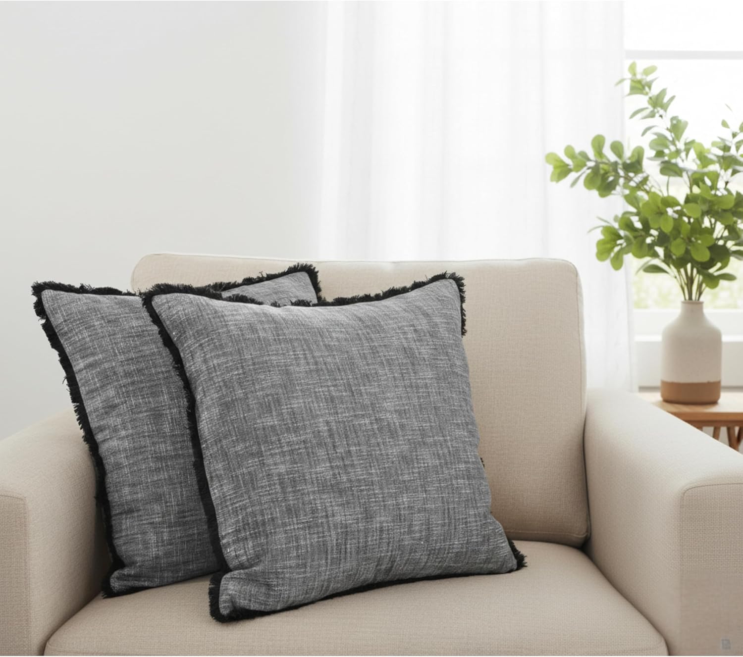 18×18 Grey Textured Cotton Throw Pillow Covers with Decorative Fringe Boho Farmhouse Cushion Cover with Tassels Linen Like Accent Pillowcases for Bed Couch Chair Sofa Living Room, Set of 2