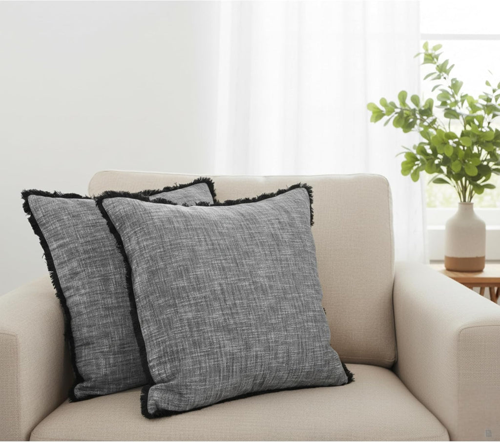 Set of 2 Textured Cotton Pillow Covers with Boho Decorative Fringe Farmhouse Cushion Covers with Tassels Linen Like Accent Pillowcases for Bed Couch Chair Sofa Living Room,16×16 Dark Grey
